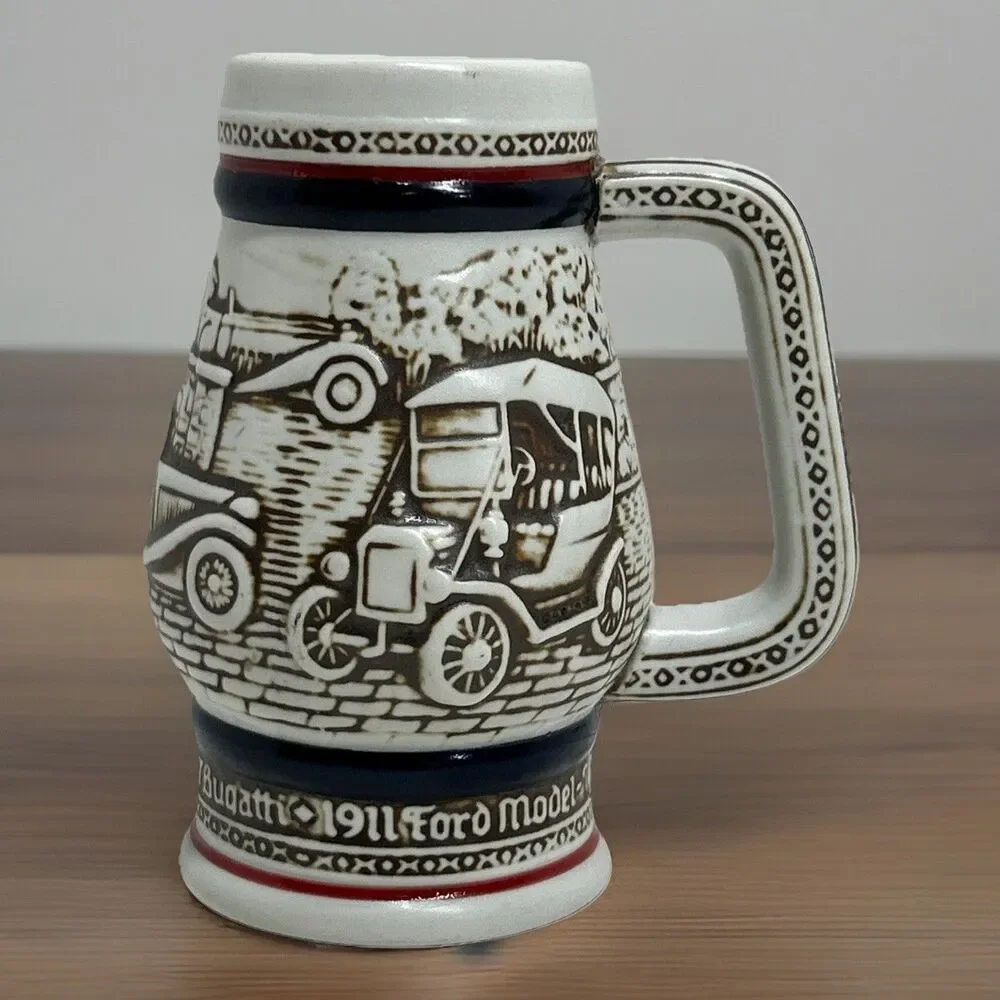 Avon Beer Small Mug Stein 1982 Cars Ford Model T Bugatti Stanley Steamer MG 5 in
